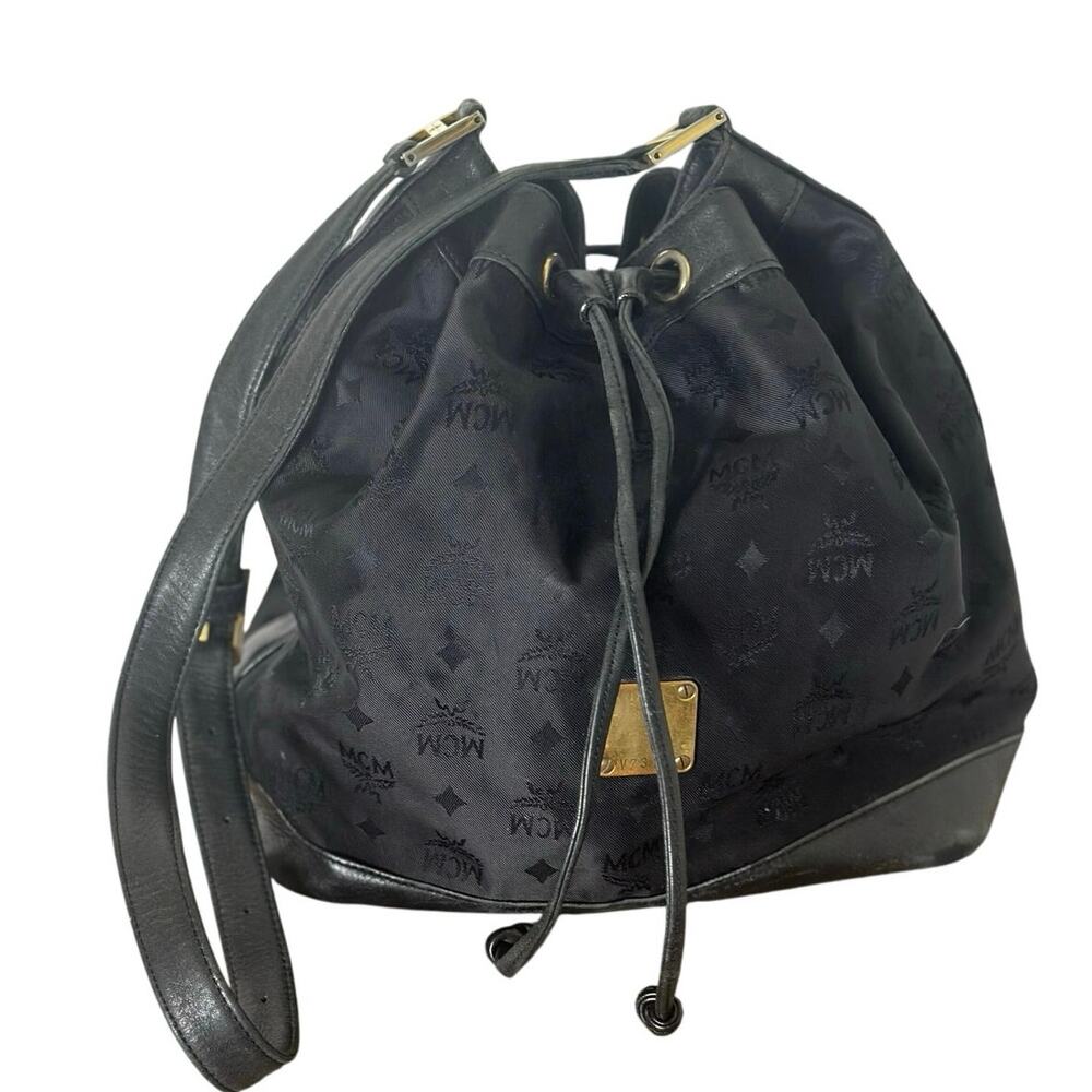 Vintage MCM Bag Black Nylon with Leather Trim Visetos Drawstring Bucket Bag